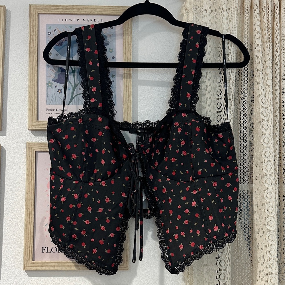 Forever 21 Black Corset with Red Floral Design